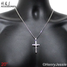 20"Stainless Steel 3mm Silver Cuban Curb Chain Necklace Jesus Cross Pendant*P62