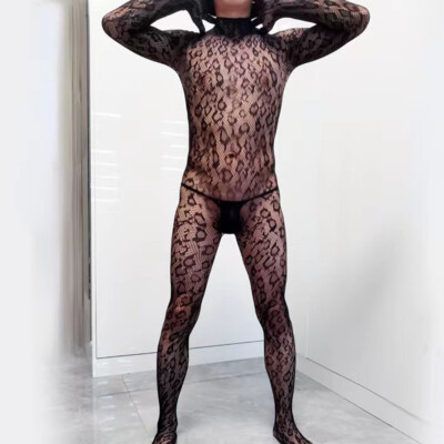 Men Full Body stockings Overalls Bodysuit Fetish Leopard Underwear Lace Costume
