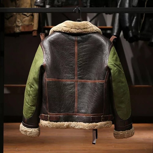 Genuine Leather Shearling Sheepskin B3 Bomber Fur Motorcycle Zip Jacket M / L - Picture 5 of 23