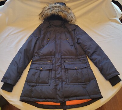 Sam Edelman Puffer Down Parka Coat With Faux Fur Hooded Womens Size Large  Blue