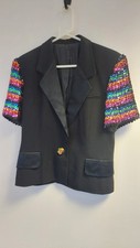 Betty Barclay Vintage Black Cropped Jacket With Rainbow Sequin Sleeve Size 10