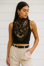 Vintage Scarf Pashmina Boho Bird Print Brown Botanical Chiffon Wrap Cottagecore