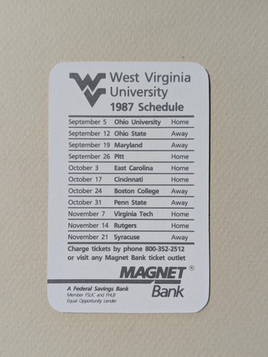1987 West Virginia Mountaineers College Football Pocket Schedule Card NCAA 🏈🏈 - Picture 2 of 2