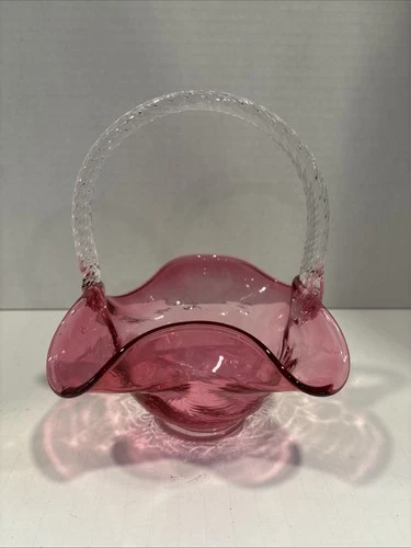 Vintage Fenton Art Glass Cranberry Basket W/Clear Twisted Rope Handle