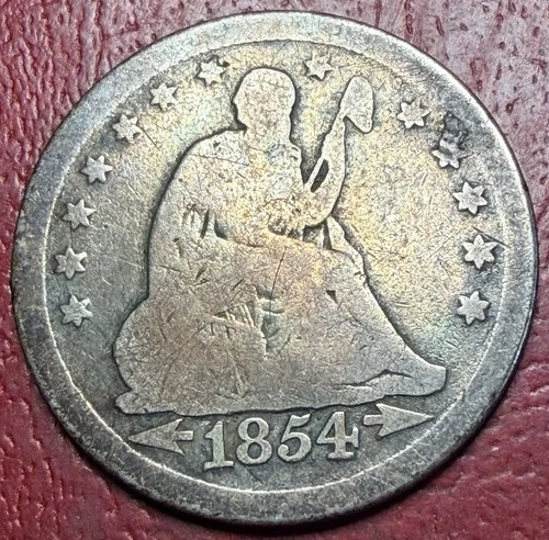 1854 25C Arrows Liberty Seated Quarter. Free Shipping