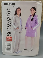 Y2K See & Sew Pattern 3950 Hooded zip up and pants skirt Girls Sz 12-16 Uncut