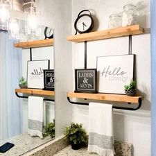 Two Tiered Kitchen and Bath Shelf with Towel Bar, 24 in Walnut