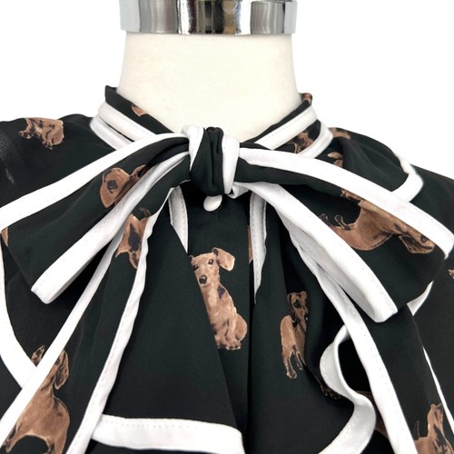 The Moon Dachshund Dog Print Bow Neck Retro Style Blouse Black Size Large - Picture 4 of 22