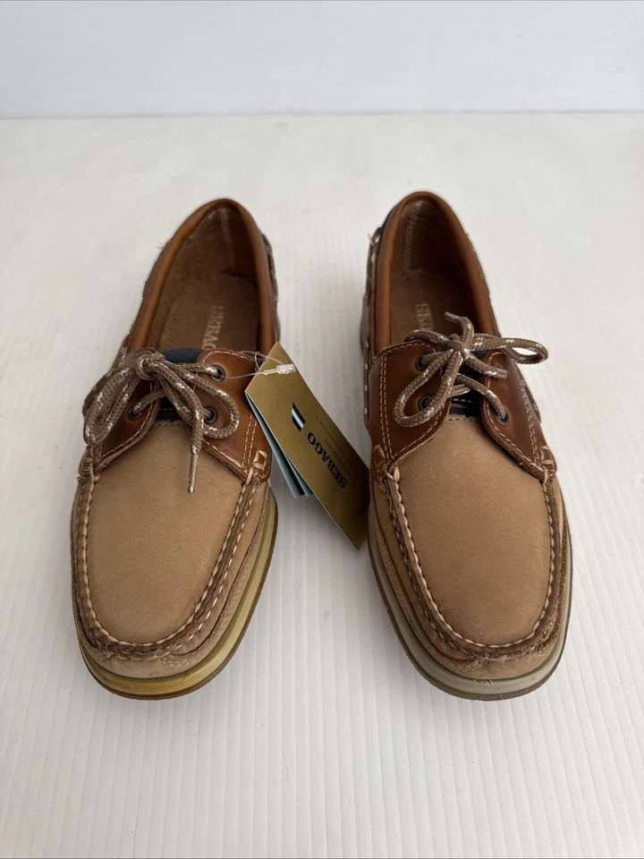 NEW Sebago Women's Schoodic Docksides 2-Eye Boat Loafer - Sand/Tan/Navy - 8.5 M - Image 2 of 4