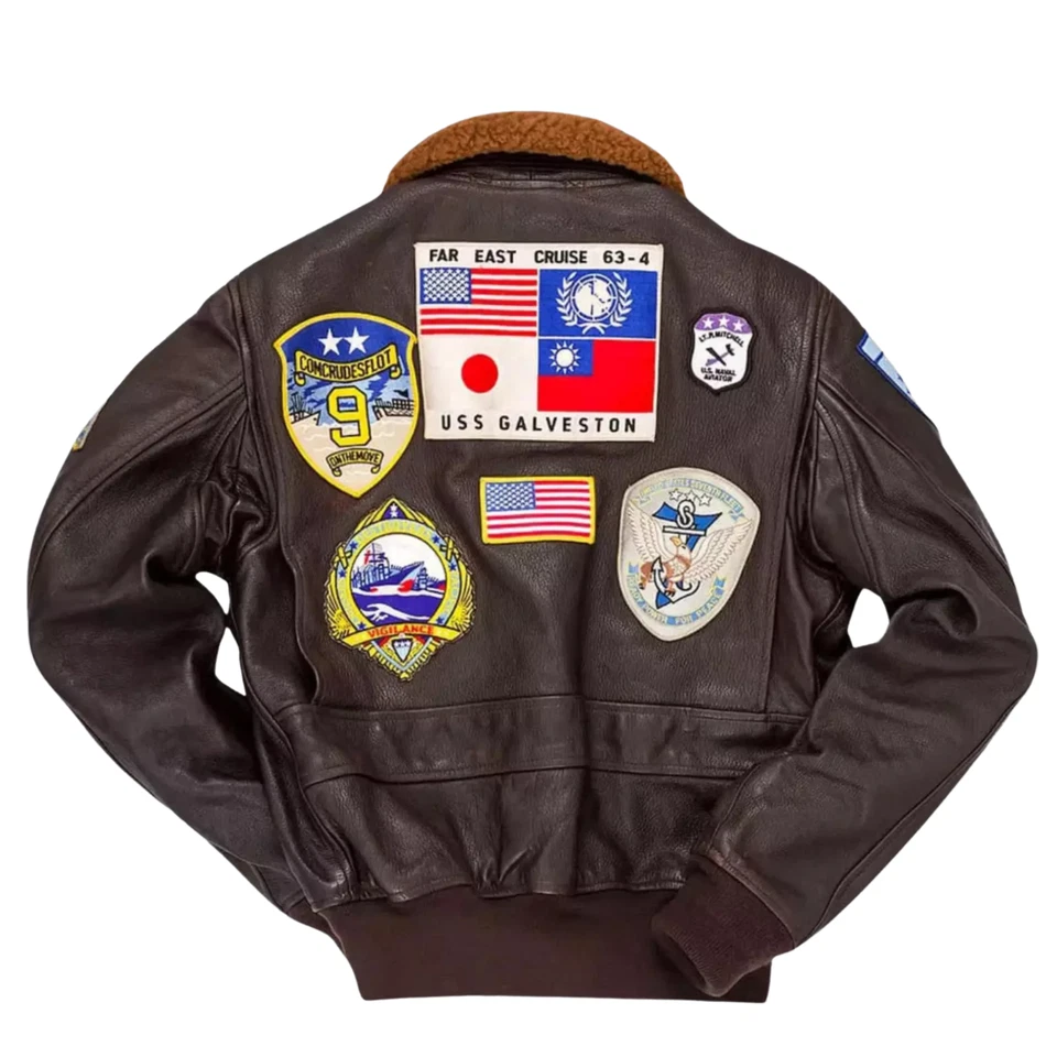 Men's Maverick Top Gun Aviator Pilot Leather Bomber Jacket With Embroidery Patch - Image 2 of 3