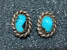 Vintage Southwest Native American Silver Earrings w Turquoise Cabachons handmade