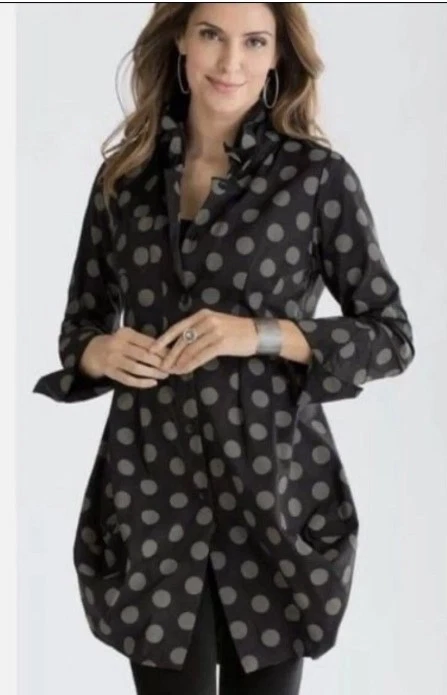 Cómoda túnica esculpida de algodón de gran tamaño con botones manga M a lunares de EE. UU. XS Foto 2 de 4