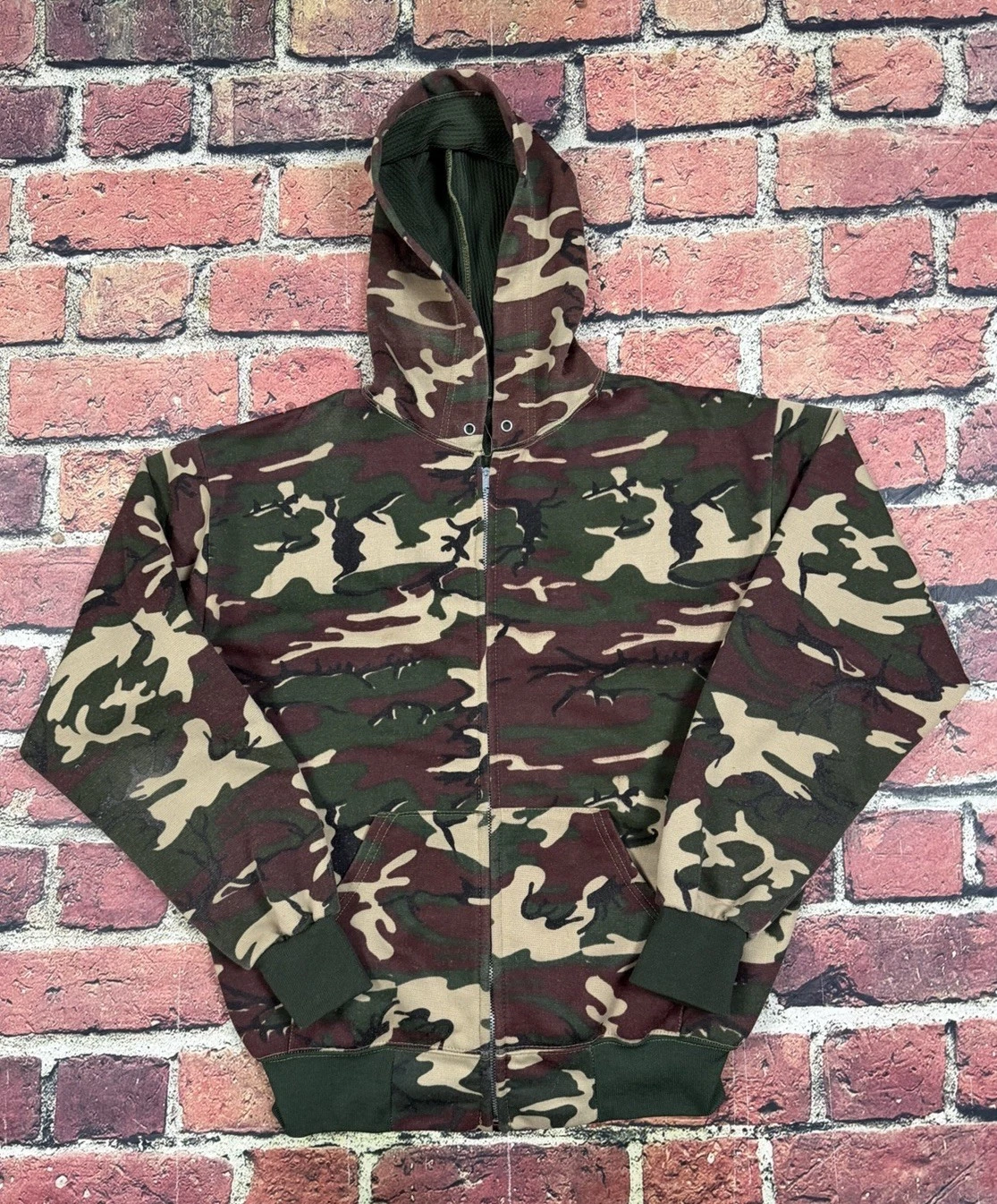 Vintage Woodland Camo Zip Up Hoodie Thermal Lined Sweatshirt Men's Large Blank