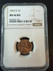 1957-D 1C Lincoln Wheat Cent MS 66 Beautiful Red NGC Denver Mint Issue