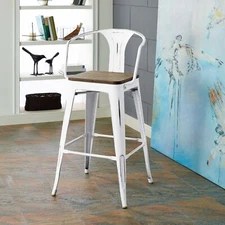 Modway Industrial Modern Tolix Style Bamboo Seat White Aluminum Bistro Bar Stool