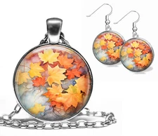 Autumn Leaves Pendant Necklace & Dangle Earrings Set Fall Autumn Season Jewelry
