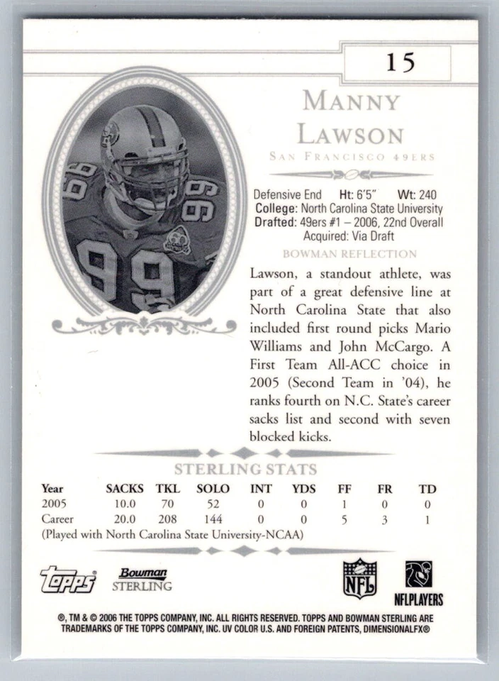 2006 Bowman Sterling #15 Manny Lawson - Image 2 of 2