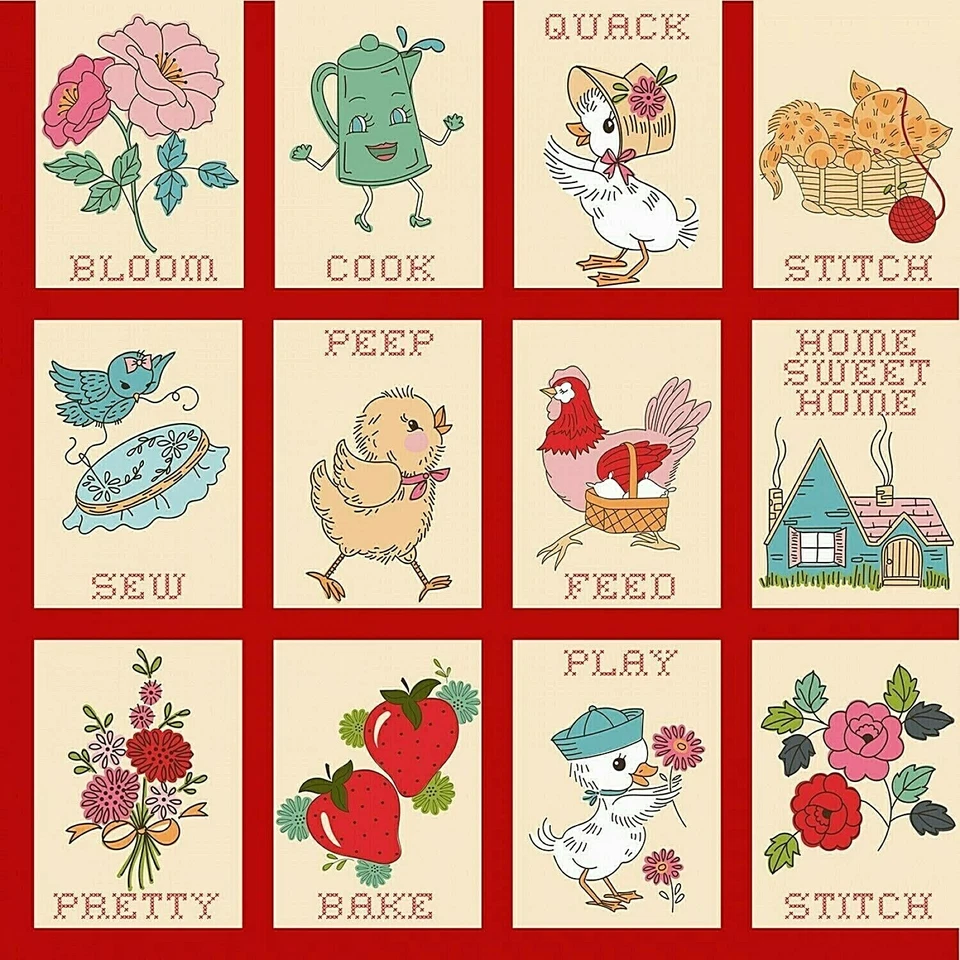 Retro Red Pretty Stitches Hopscotch & Freckles Poppy Cotton 44" Inches Wide BTY