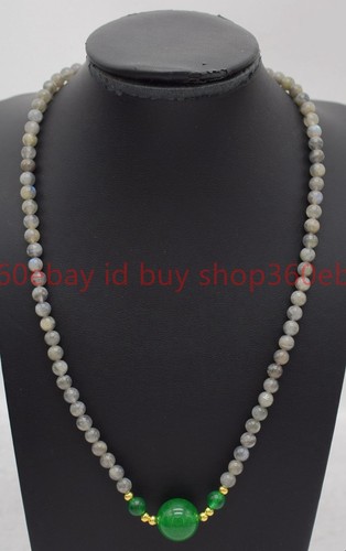 Natural 4mm Gray Labradorite Round Gemstone Beaded Necklace Green Jade 16-28in - Picture 9 of 12