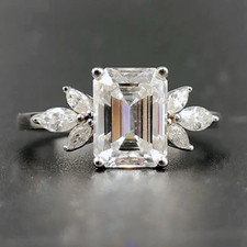 2.86 Ct Emerald Cut Simulated Diamond Cluster Wedding Ring 925 Sterling Silver