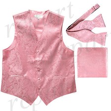 New Men's pink vest Tuxedo Waistcoat self tie bow tie and hankie set party prom