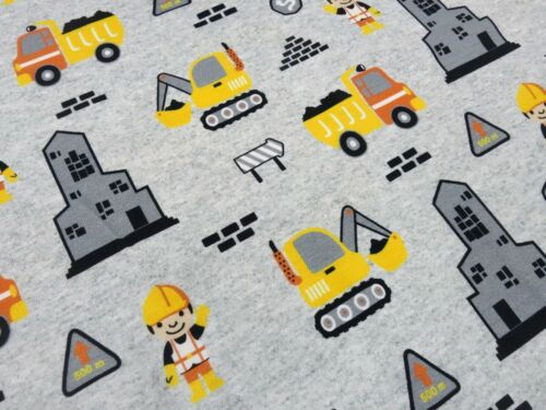 Tessuto cotone jersey escavatore operaio edile camion grigio giallo arancione tessuto bambini  - Foto 1 di 4