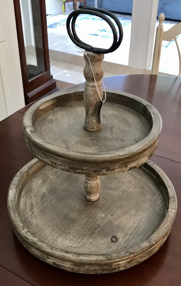 2 Tiered Tray Stand - Two Tier Tray Wood Farmhouse, Rustic, Vintage New - Image 3 of 4