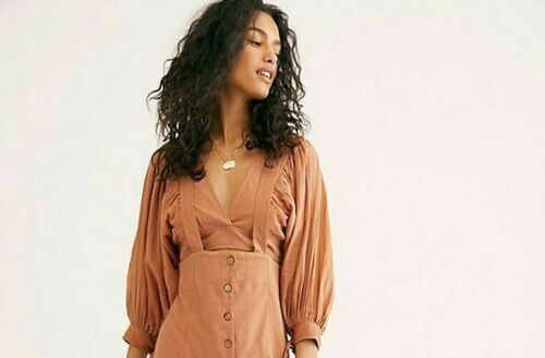 Free People Flynn Cropped Only Top Button Cutout Tie Sleeve