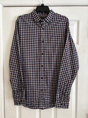 BANANA REPUBLIC Luxe Flannel Shirt L TALL LT Blue White Orange Plaid