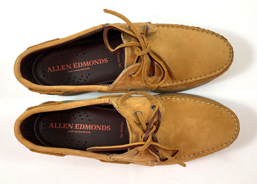Scarpe da barca Allen Edmonds da uomo taglia 8 Force 10 scamosciate marrone chiaro Rg $300 NUOVE CON SCATOLA - Foto 3 di 6