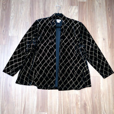 Jbs Blazer Cardigan Jacket Women's Large Black Metallic Gold Velvet Open Front