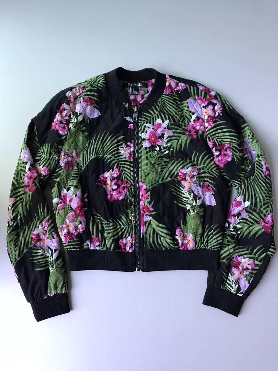 Forever 21 Bomber Jacket Floral Zip Womens Black pink green size S Tropical