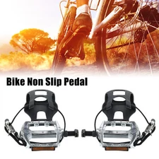 1 Pair Bike Pedals 1/2'' with Toe Clips Fixed Foot Strap Black Silver Tone
