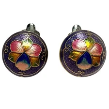 Vintage Cloisonne Clip On Earrings Floral Motif Gold Tone Enamel
