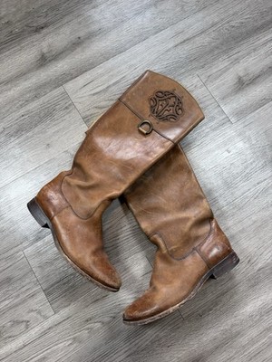 Frye womens Brown Leather Knee High Riding Boots Embroidered Buckle Pull On US 8