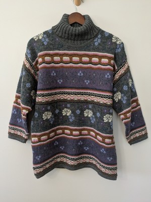 Vtg Tunic Sweater M Wool Turtleneck 3D Knit Oversized Cottage Grandma 3/4 Sleeve