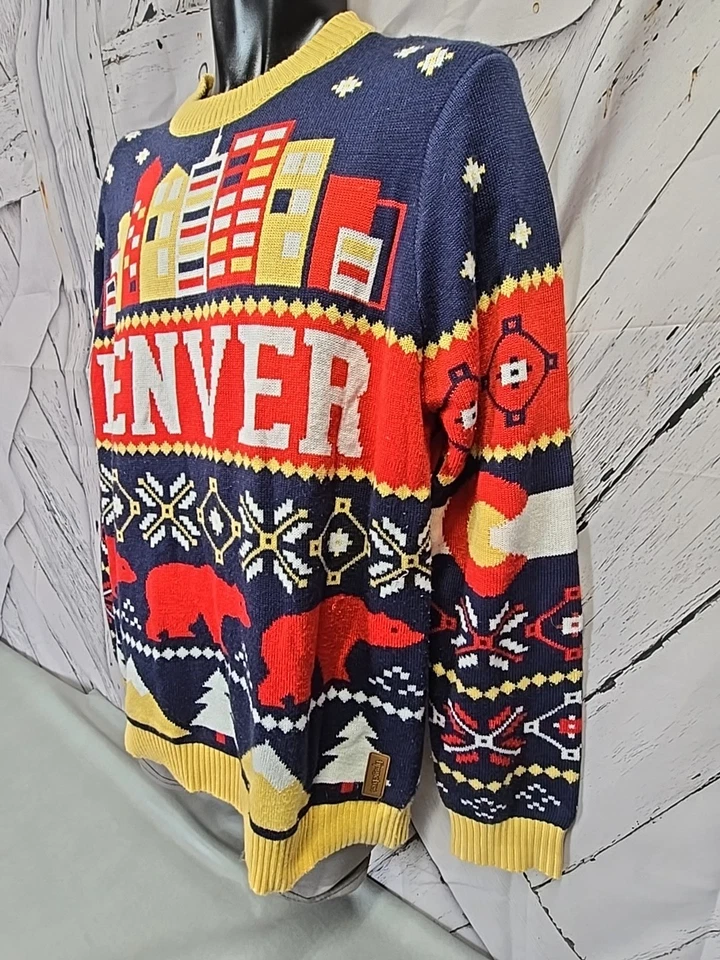 Suéter Tipsy Elves Feo Navidad DENVER Para Hombre Talla L Rojo Azul Dorado Buena Calidad Foto 3 de 4