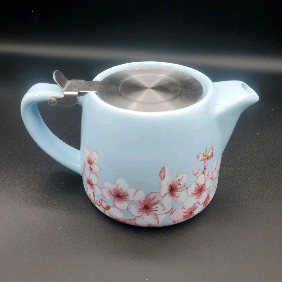 Tetera suelta de una sola porción azul rosa flores flores cerezo infusor de té Foto 2 de 2