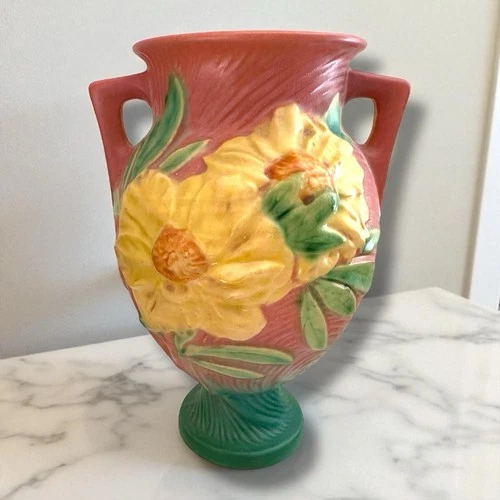Roseville Peony Vase Double Handle 169 Pink Green Yellow Flowers 8 Inch 1942 VTG