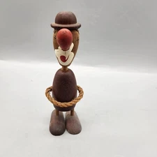 Wood Carved Clown Figurine Hand Painted Red Nose Bowler Hat Rope Arms Decor