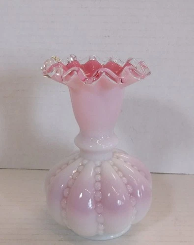 Vintage 4 3/4"h Silver Crested Pink Overlay Beaded Melon Vase
