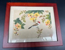 HTF Vintage Framed Chinese Silk Bird And Flower Painting With Artist Stamp