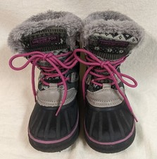 London Fog Girl's Waterproof Warm Winter Snow Boots Size 11 Lace Up Gray Pink
