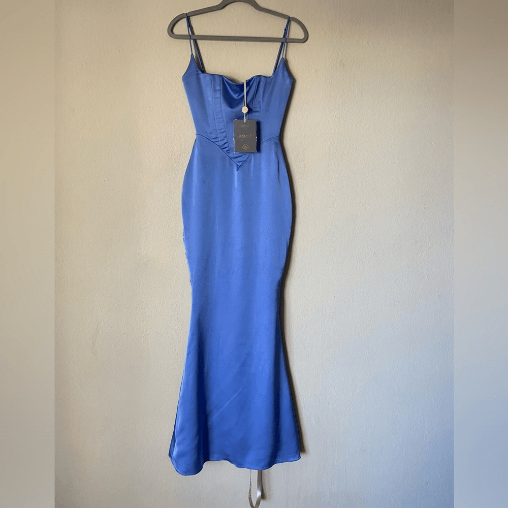 olivette periwinkle satin corset maxi dress NWT House Of Cb Olivette Periwinkle Satin Maxi Blue Dress Corset Size XS