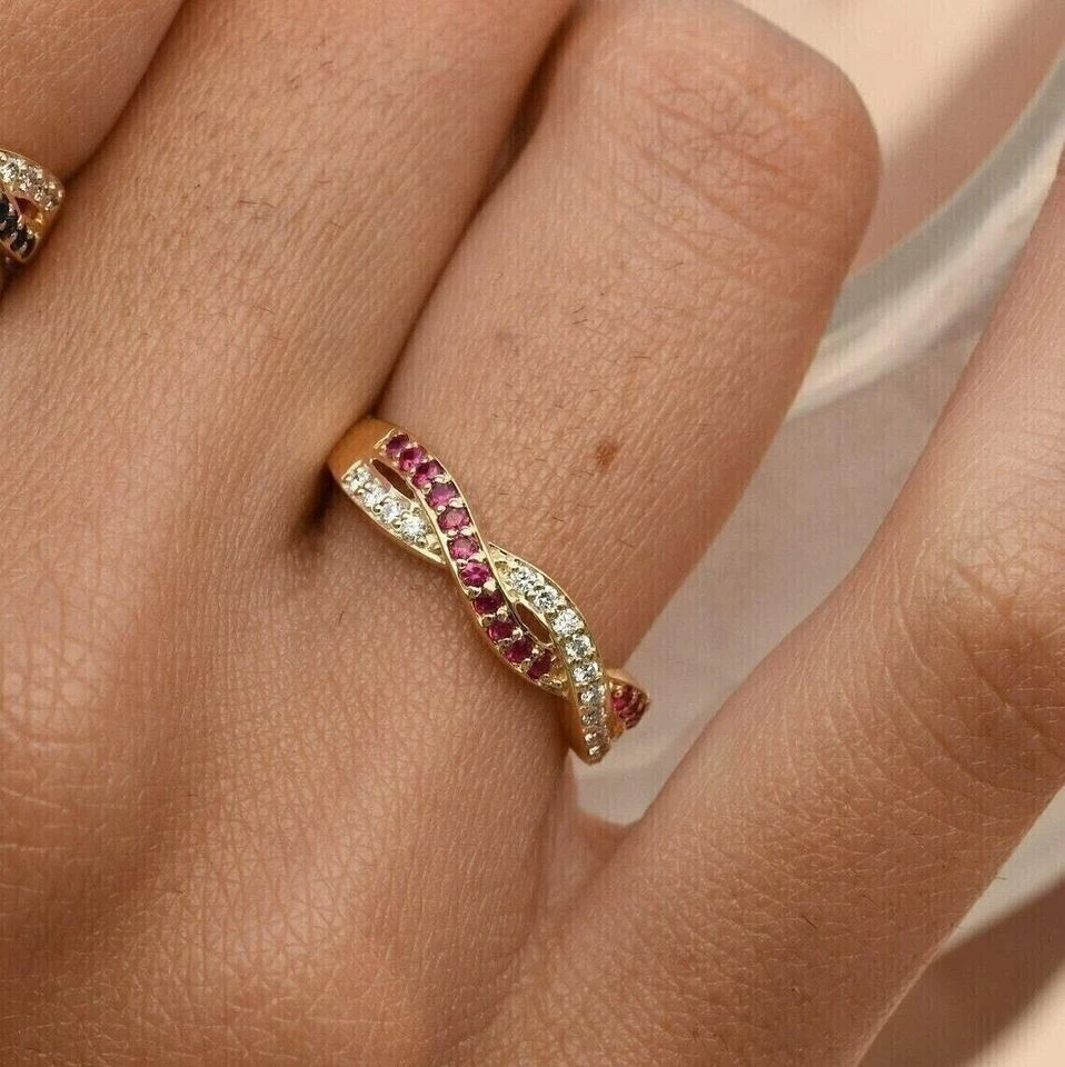 Round Cut Simulated Pink Ruby Stunning Wedding Band Ring 14k Yellow Gold Plated - Image 2 of 4