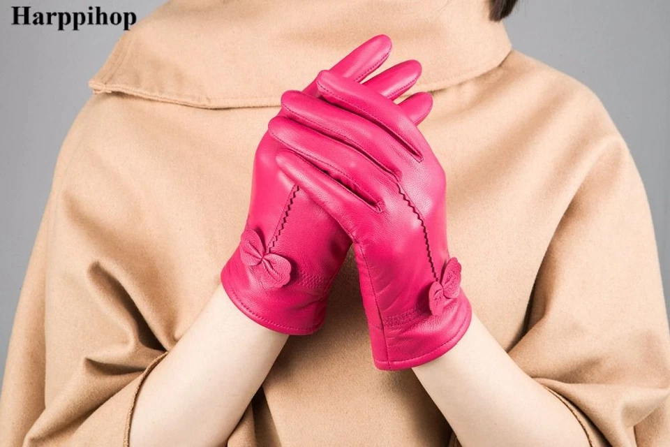 Guantes de cuero rojos a prueba de viento - Guante de piel de oveja genuino accesorio de moda para mujer Foto 2 de 4