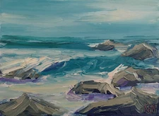 ROCKY SHORES THREE Original Expression Seascape Ocean Painting 9x12 052219 KEN
