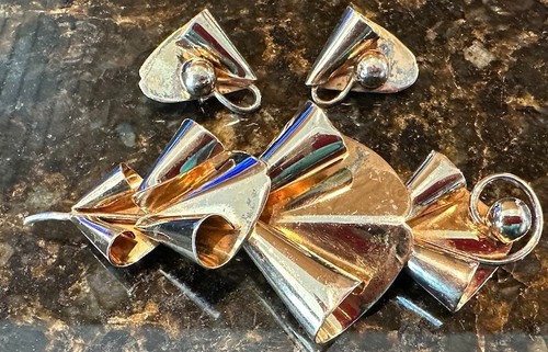 Vintage Vermeil Sterling Silver Modernist Brooch and Matching Earrings Set