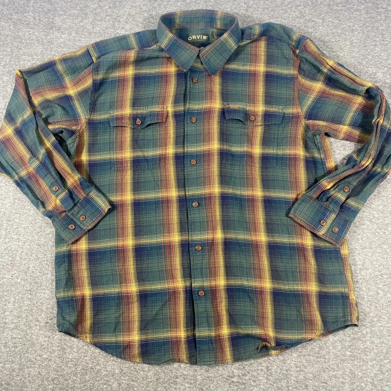 Orvis Fairbank Shirt Men's Green Plaid Flannel Long Sleeve Size XL