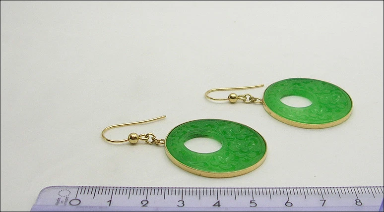 Pendientes de Oro Amarillo 18KT Con Jade Verde Grabado Redondo Oght - Imagen 3 de 3